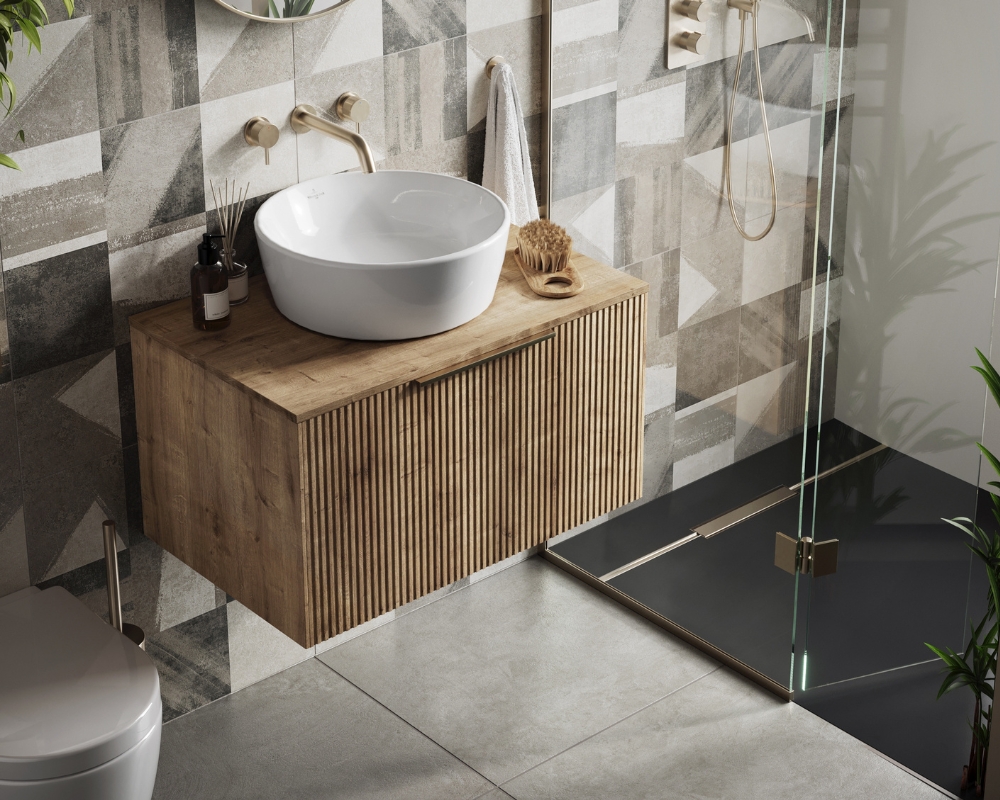 image of fluted ridged front wooden furniture with countertop basin on top