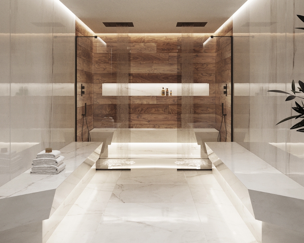 image of a spa like bathromo with long shower niche, wooden tiles, walk in shower and  marble walls