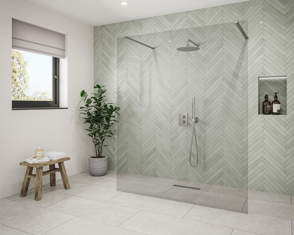 image of a bathroom with neutral colours - herrigbone tiles and white walls