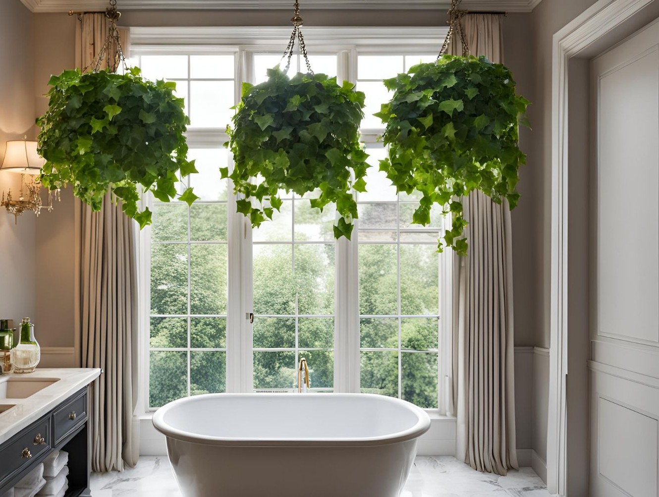 image of english ivy hedera helix hanging in baskets above a freestanding bath in front of a large squared window
