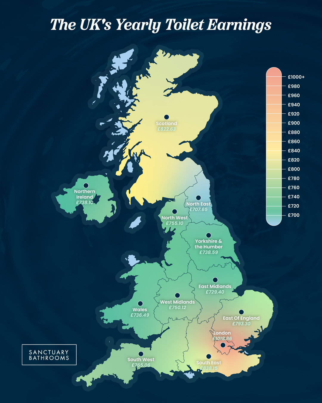 infographic showing earnings by region of workers from using the toilet at work or in the workplace