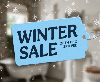 image of a bathroom with a pale blue tag drawing saying winter sale 26th Dec-3rd Feb