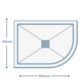 icon image of a 900mm x 760 quadrant shower tray showing arrows with 760mm width or depth and 900mm length