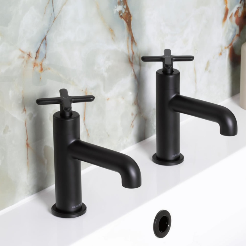 Heritage Salcombe Matt Black Basin Pillar Taps - Lifestyle