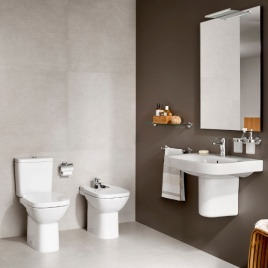 Lifestyle image of toilets, bidets, basins, mirrors and accessories from the Debba range by Roca