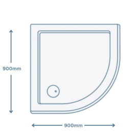 icon image of a 900mm x 900mm quadrant shower tray with arrows showing 900mm in length and width