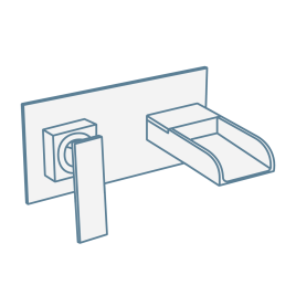 iconography image of a two tap hole wall mounted waterfall basin mixer tap with lever handle and spout