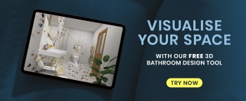 image of a 3d designed bathroom on an ipad with text saying visualise your space with free 3d bathroom planner and a yellow button