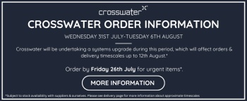 crosswater systems closure banner from july 31st to August 6th affecting deliveries and orders subject to availability. 