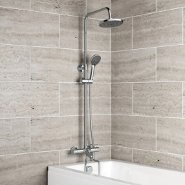 image of an abacus thermostatic shower kit system in chrome in tiled bathroom