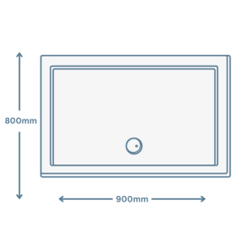 icon image of a 900mm x 800mm rectangular shower tray with dimensions and arrows showing length and width