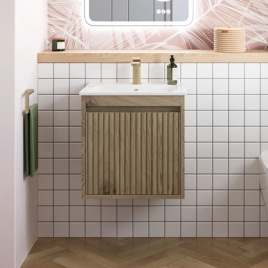 image of a crosswater vanity unit with basin with fluted wooden front fitted to white tiled wall and with mono tap