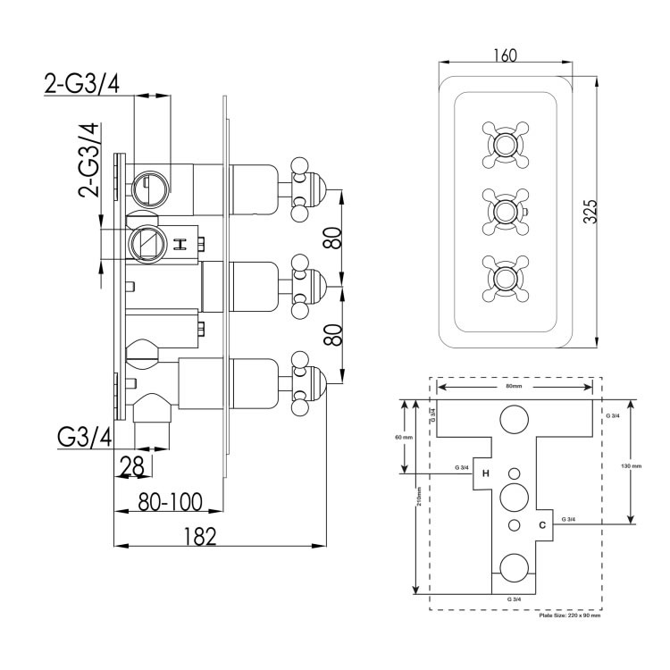 Jtp Grosvenor Cross Brass 3 Outlet Shower Valve Sanctuary Bathrooms 3649