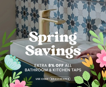 image of a bathroom sink with flowers over the top and text saying Spring Savings Extra 8% off all bathroom & kitchen taps with code brassware8