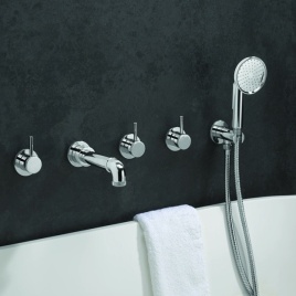 image of a crosswater wall mounted bath tap - 5 tap holes in chrome industrial design