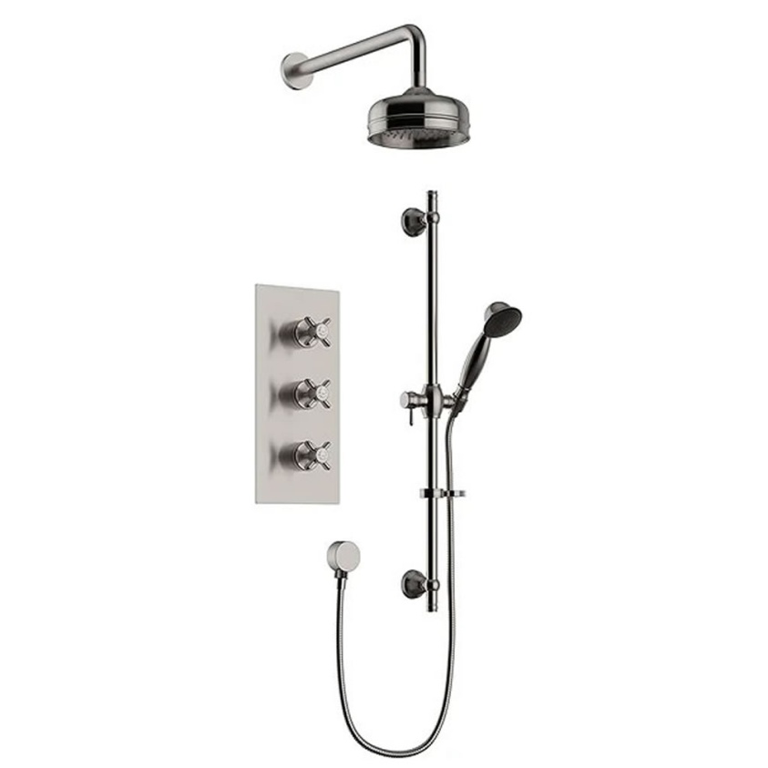 Heritage Dawlish Brushed Nickel Recessed Shower With Premium Fixed Head and Flexible Riser Kit