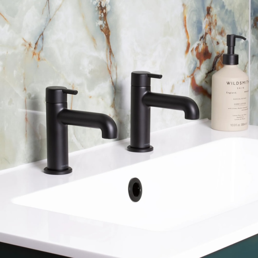 Heritage Dartmouth Matt Black Basin Pillar Taps - Lifestyle