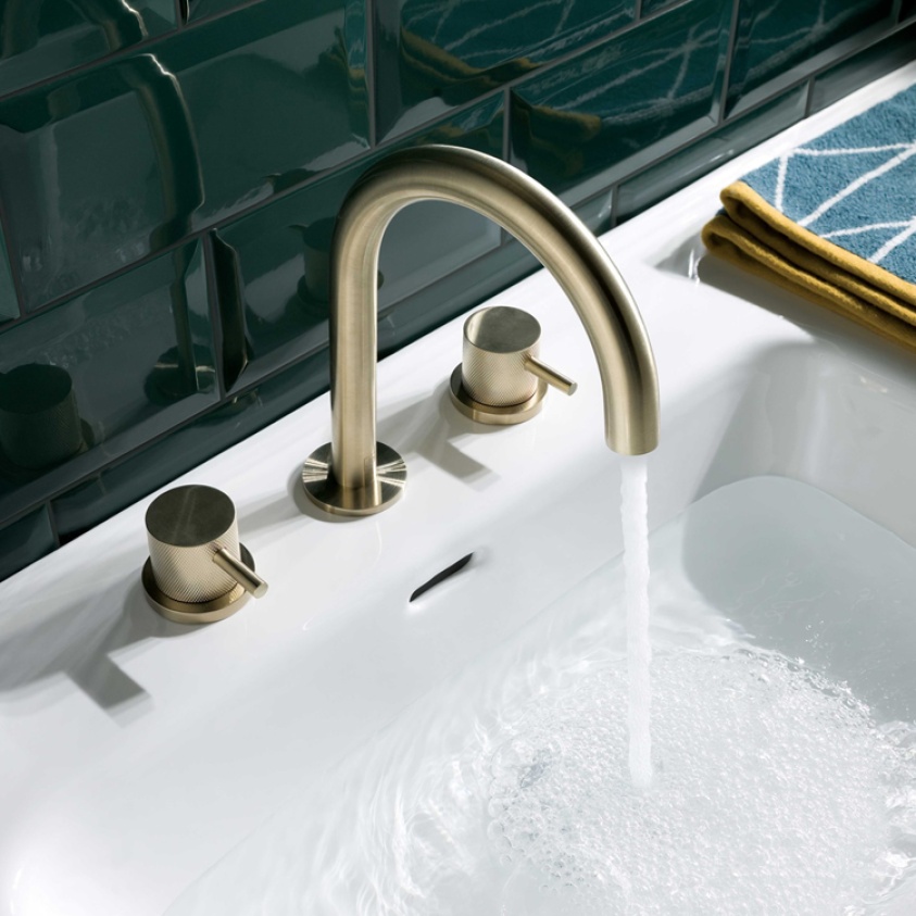 Product Lifestyle image of the JTP Vos Brushed Brass 3 Tap Hole Deck Mounted Basin Mixer with Designer Knurled Handles