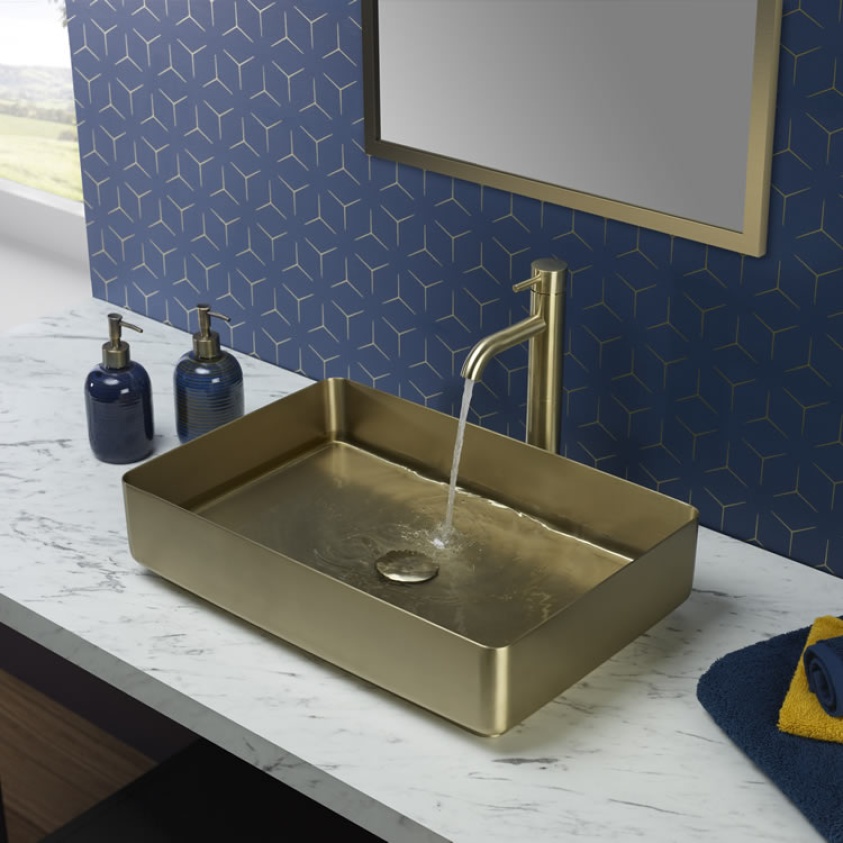 Product Lifestyle image of the JTP Vos Brushed Brass Stainless Steel Countertop Basin