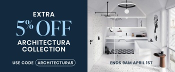 image of a bathroom showing villeroy & boch architectura products with text on left saying extra 5% off with promo code architectura5 on blue background