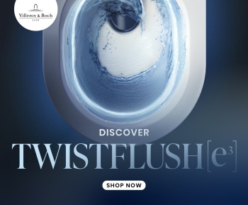 image of a twistflush e3 toilet from Villeroy and Boch with bowl swirling and text saying twistflush[e3]