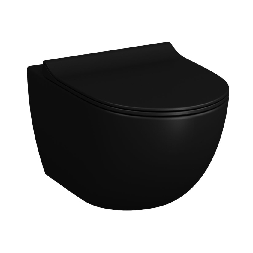 Product photo of matt black, rimless wall-hung toilet.